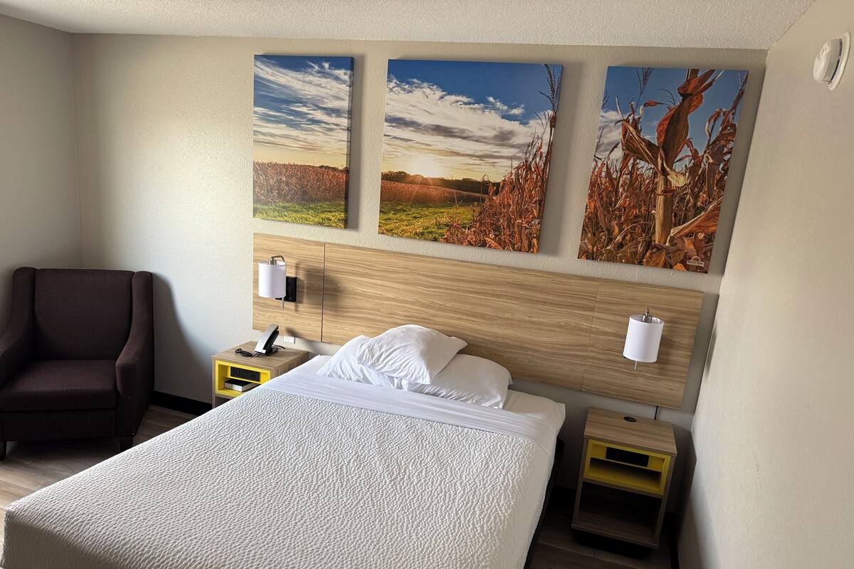 A hotel room with a large bed, a chair, two bedside tables, and three wall-mounted paintings.