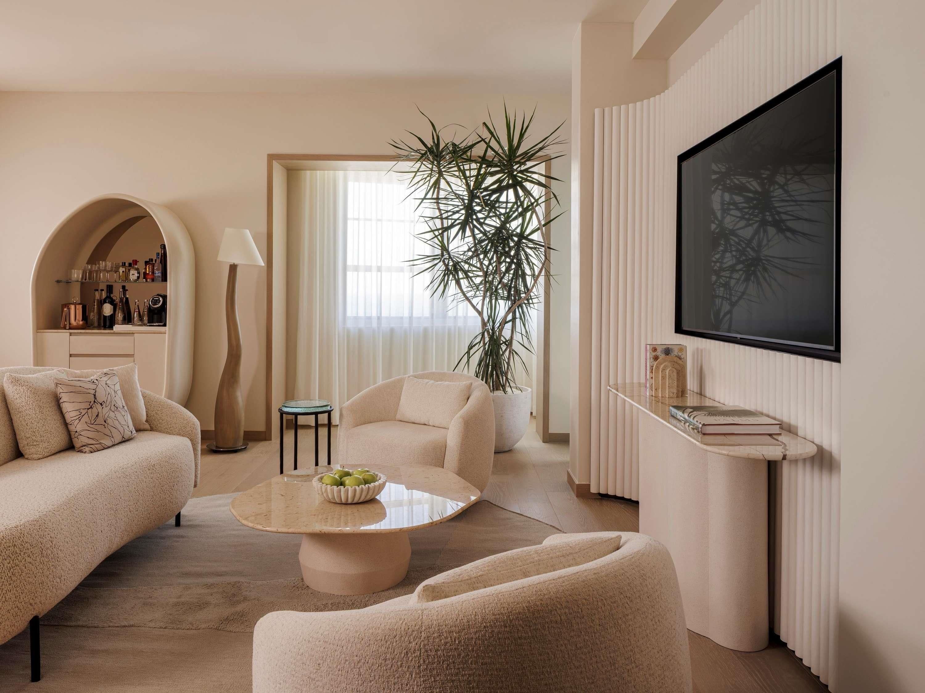 Un salon moderne avec un canapé, une table basse et une grande plante en pot.