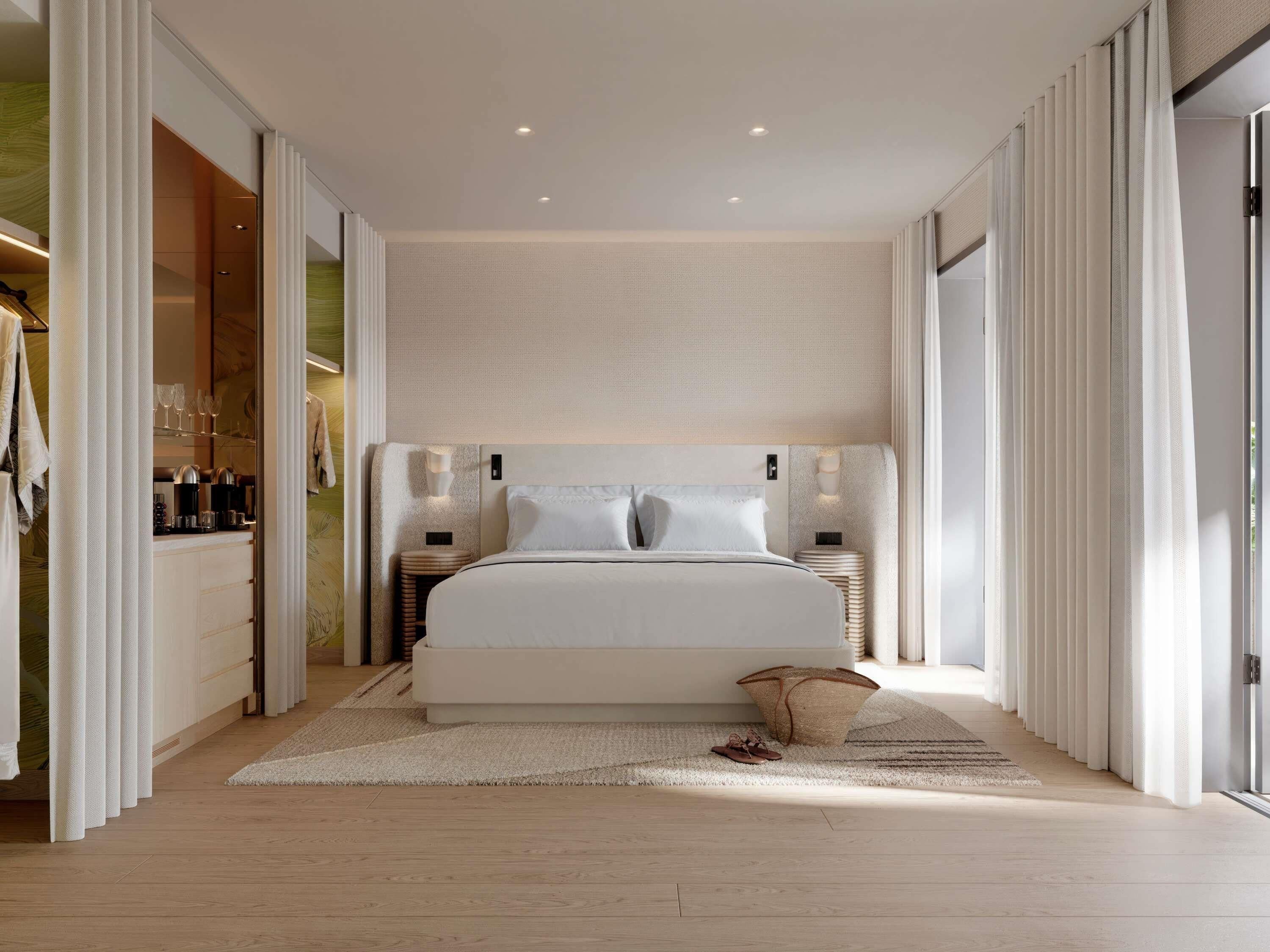 Une chambre moderne avec un grand lit, des tables de chevet, une armoire et une vue par la fenêtre.