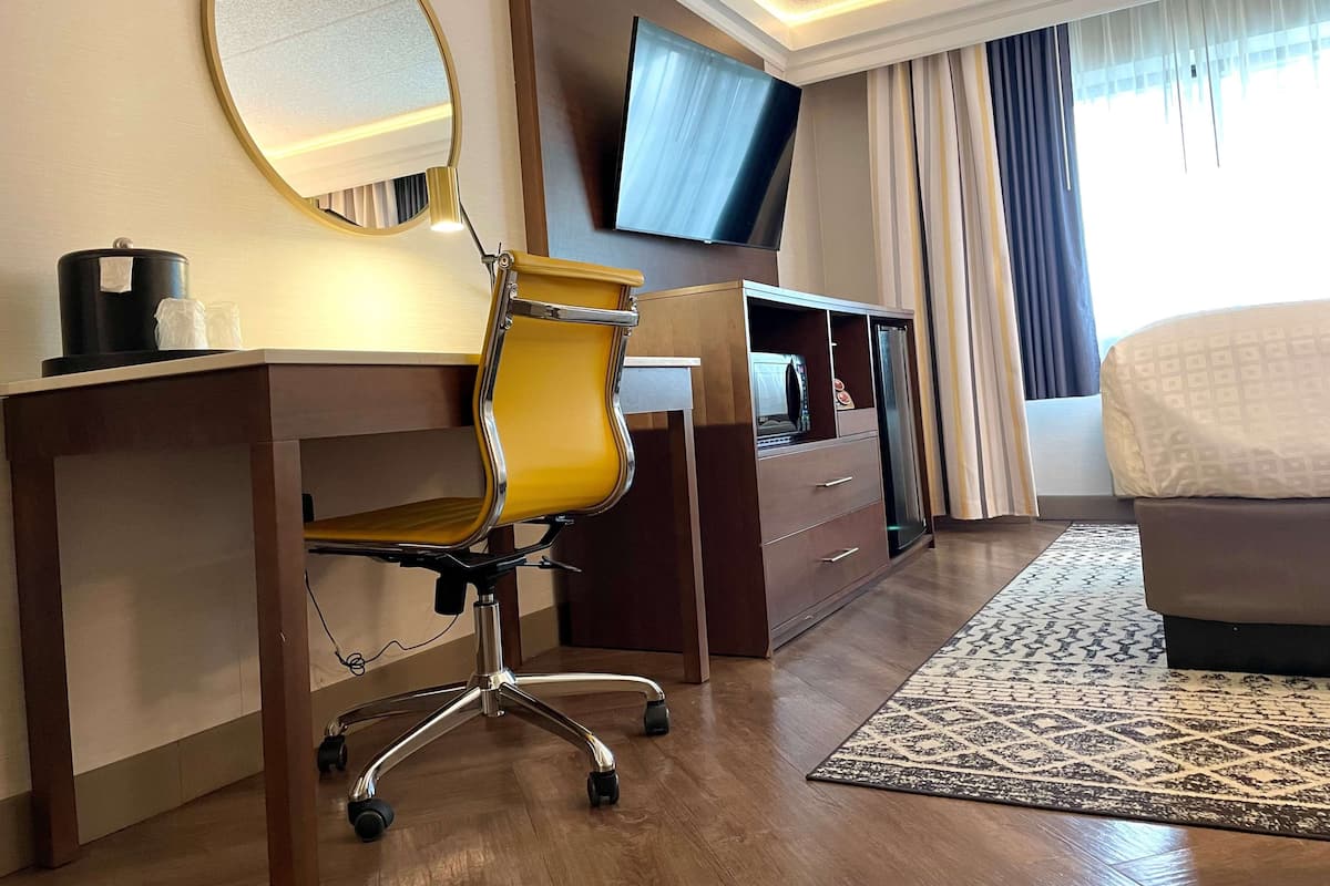 A hotel room with a desk, chair, television, and bed.