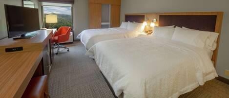 A hotel room with two beds, a desk with a TV, a chair, and a view of the outdoors.