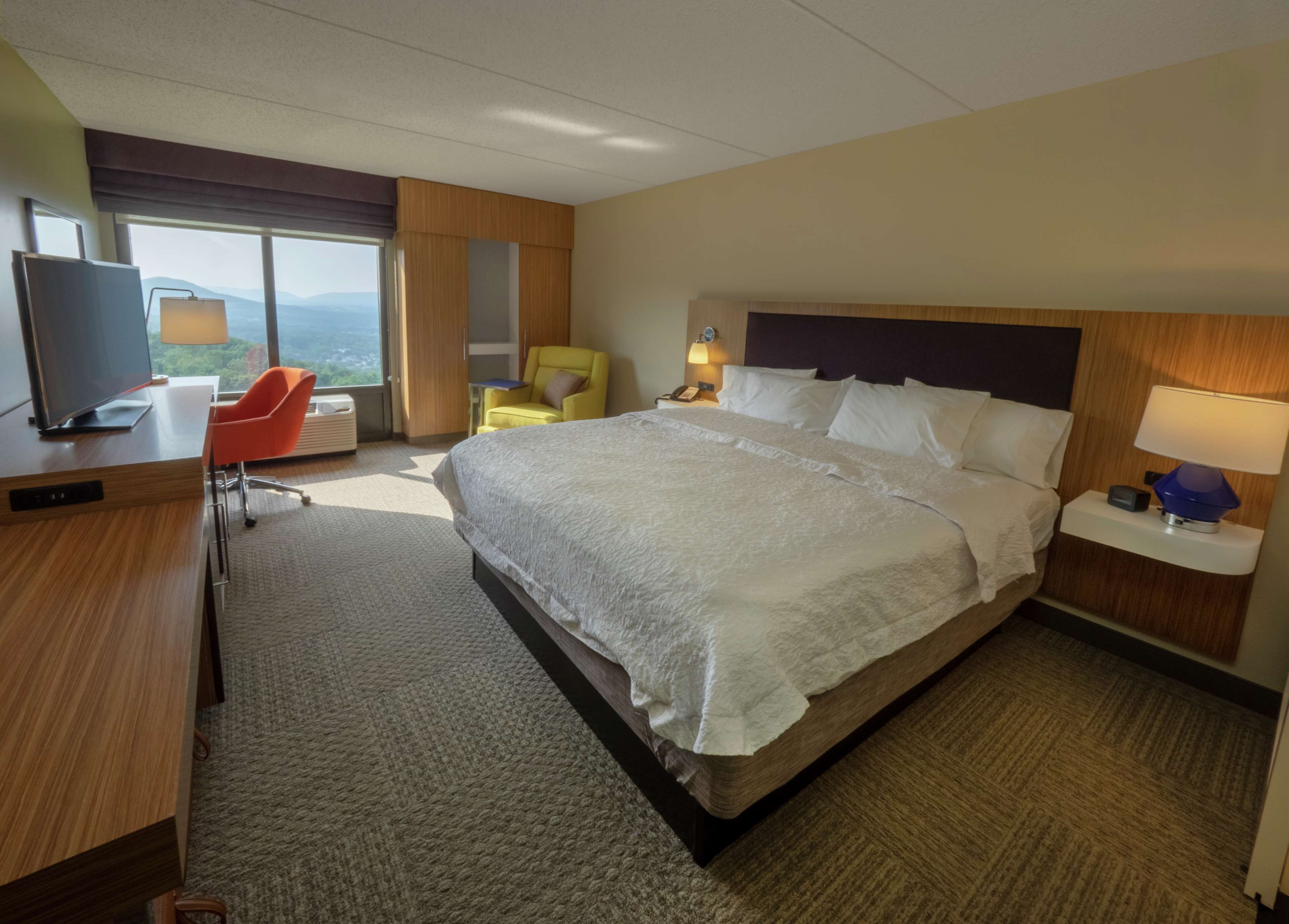 A hotel room with a large bed, a desk with a television, a chair, and a view of the mountains through the window.