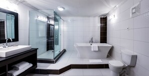 Baignoire, articles de toilette gratuits, sèche-cheveux