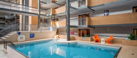 Indoor pool, open 9:00 AM to 9:00 PM, sun loungers