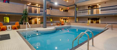 Indoor pool, open 9:00 AM to 9:00 PM, sun loungers