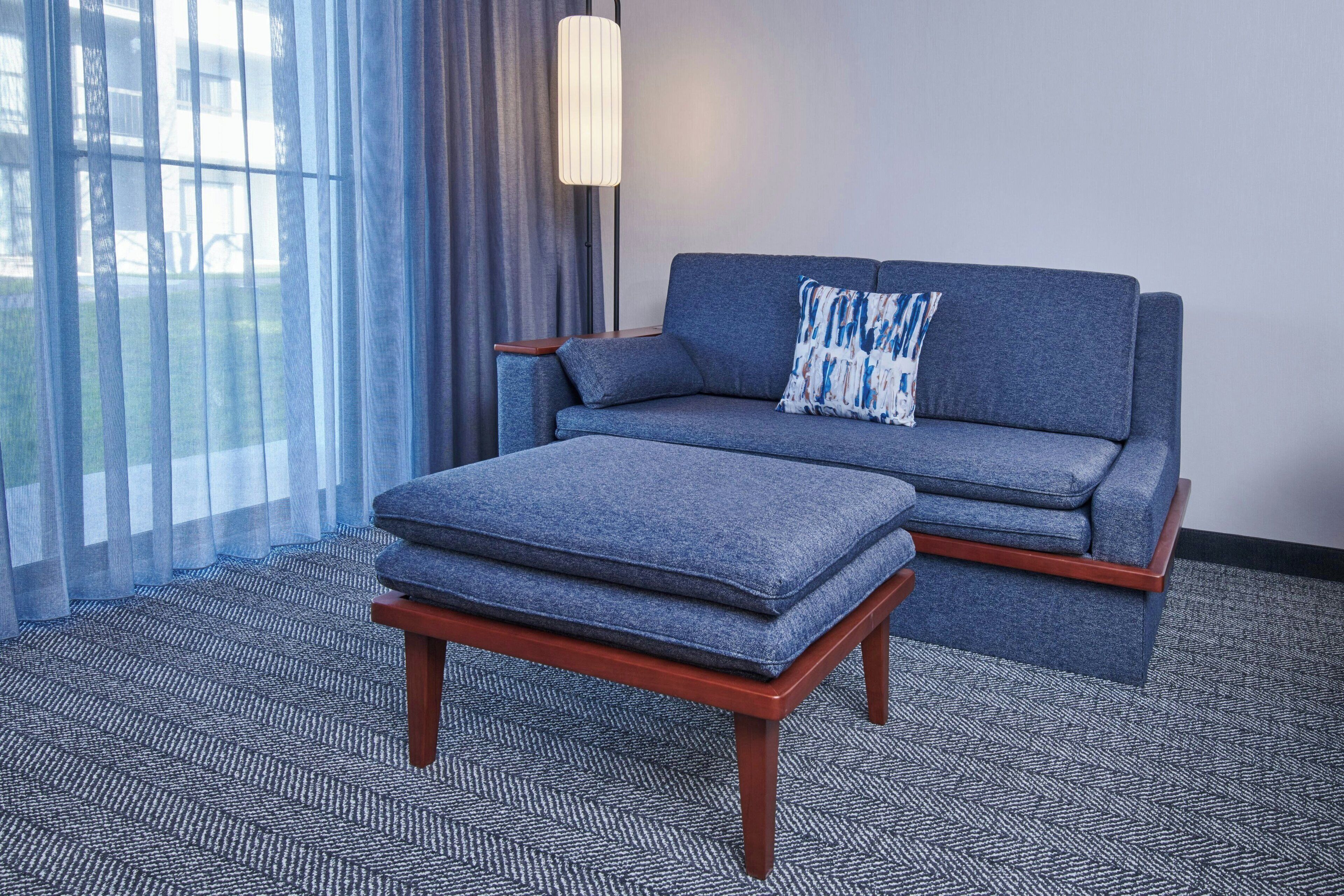 desk, laptop workspace, blackout curtains, iron/ironing board