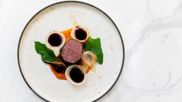 Un plato con guiso de carne, salsa y verduras.