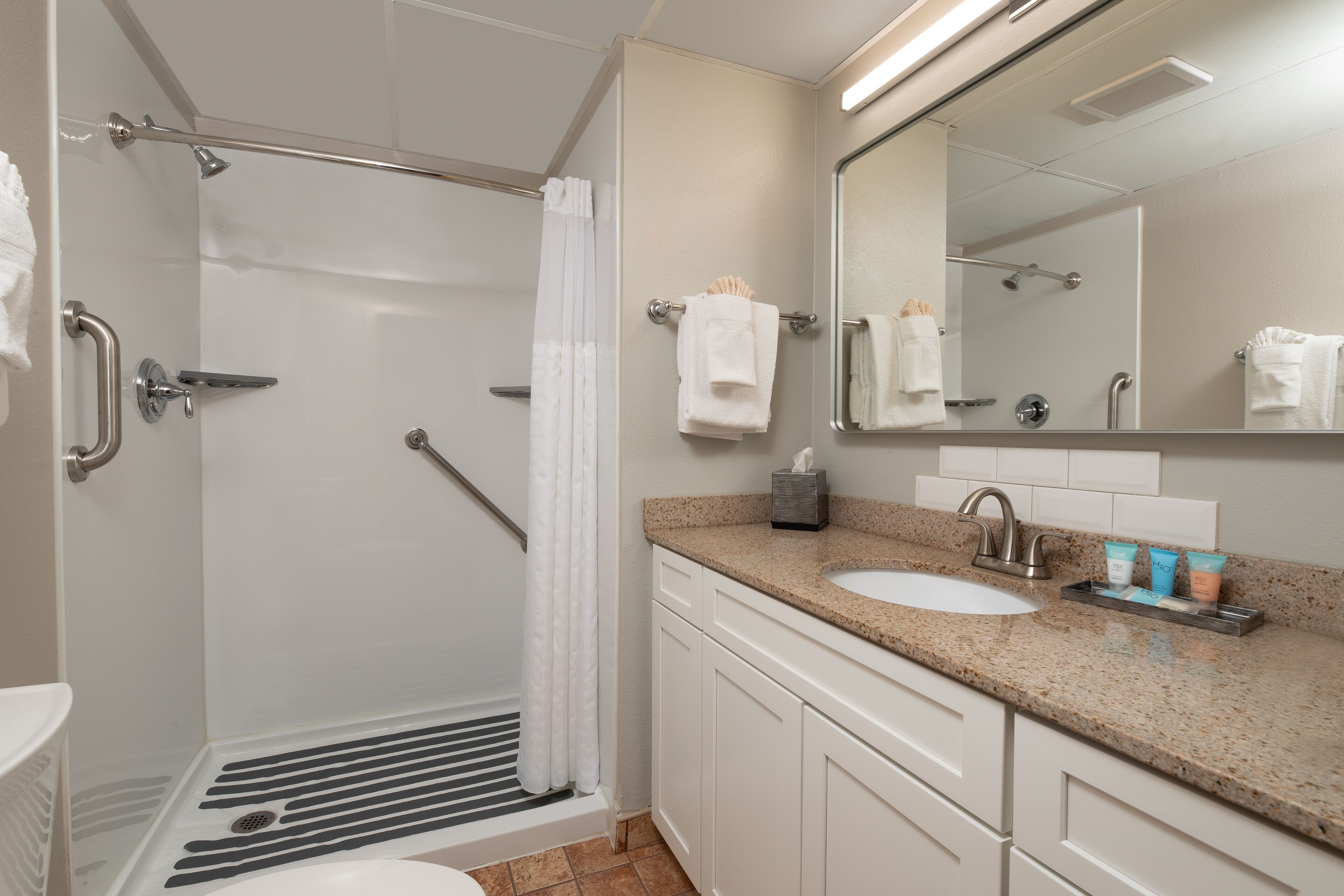 A modern bathroom with a shower, grab bars, a sink, and a mirror.