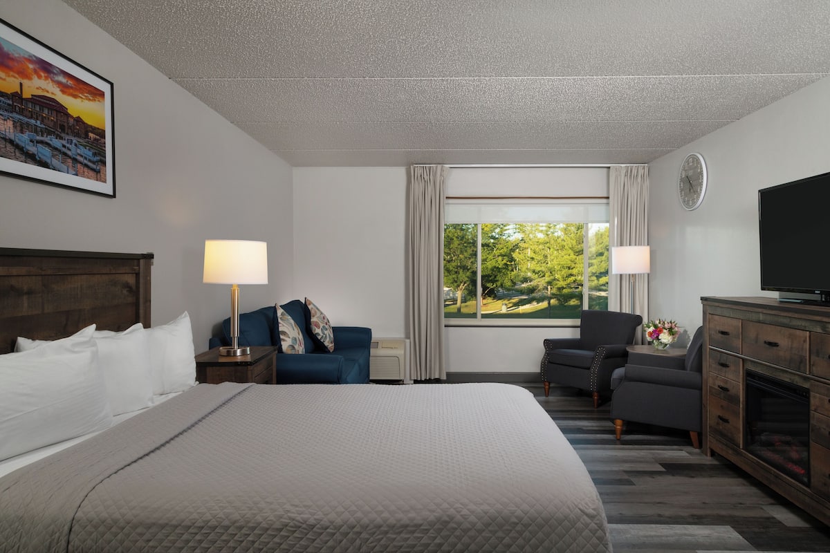 Une chambre d’hôtel avec un grand lit, un bureau avec une lampe, une télévision et une vue sur la verdure environnante.