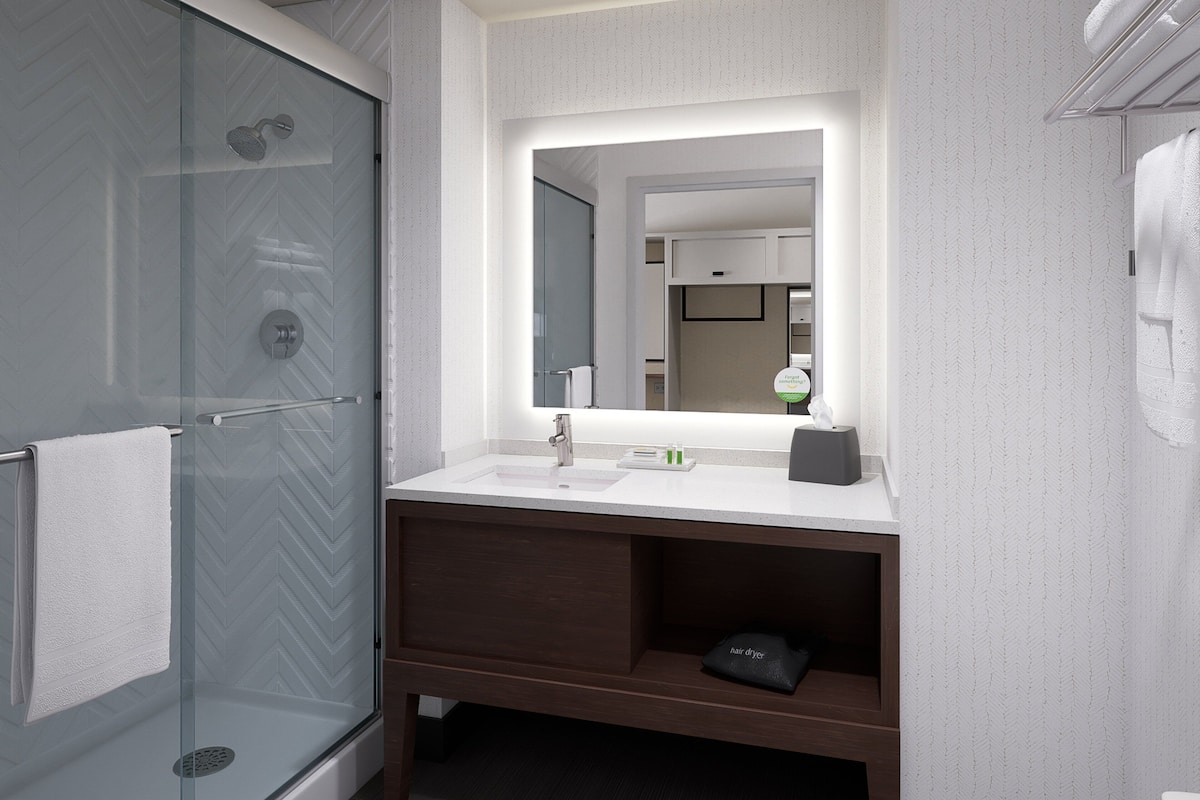 A modern bathroom with a glass shower enclosure, a white sink, and a large mirror.