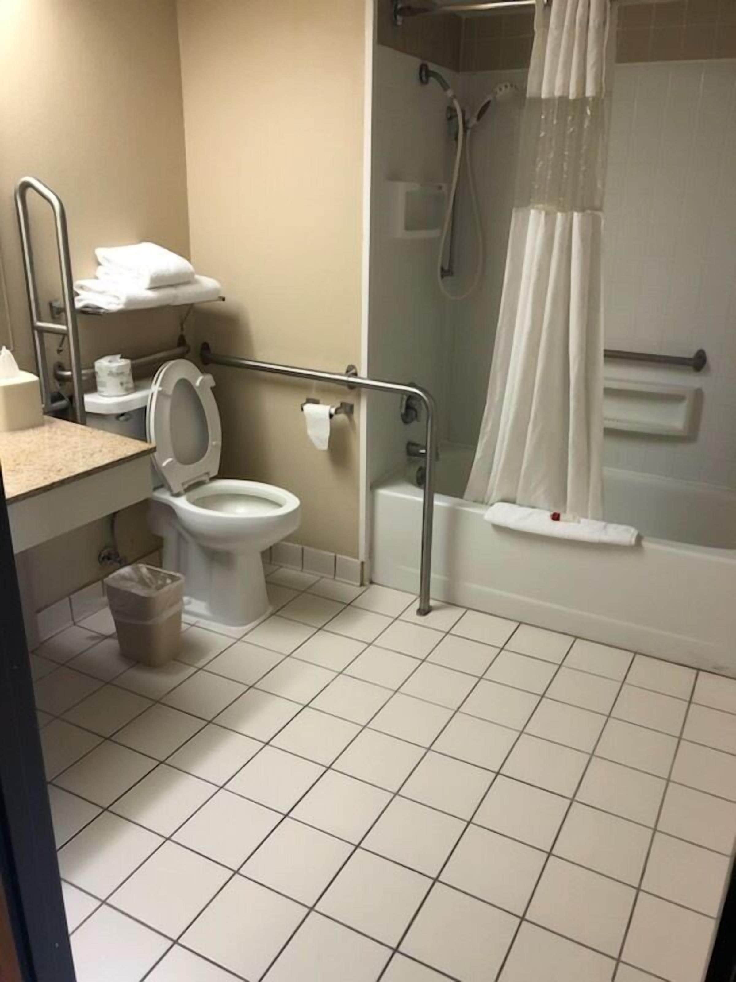 combined shower/bathtub, free toiletries, hair dryer, towels