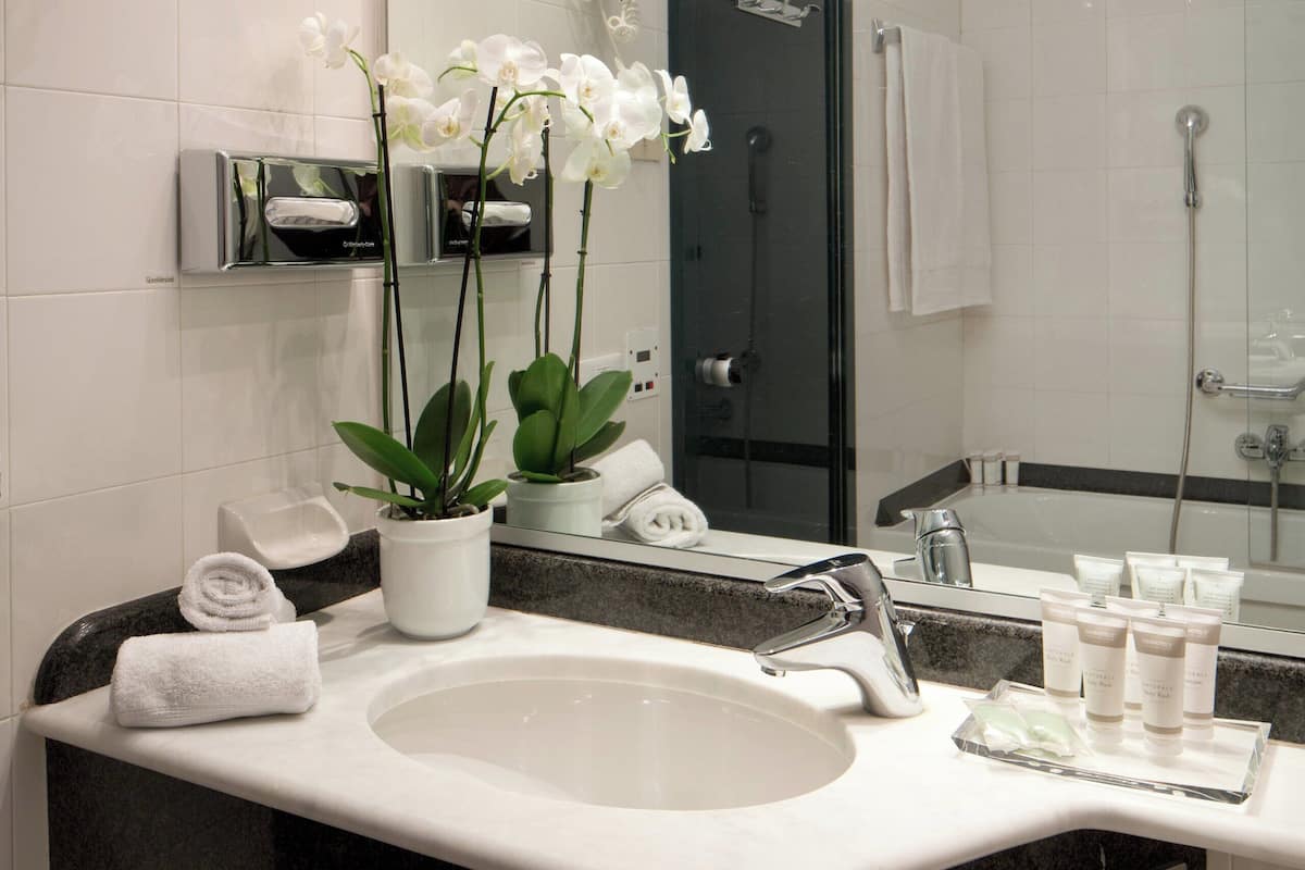 free toiletries, hair dryer, bidet, towels