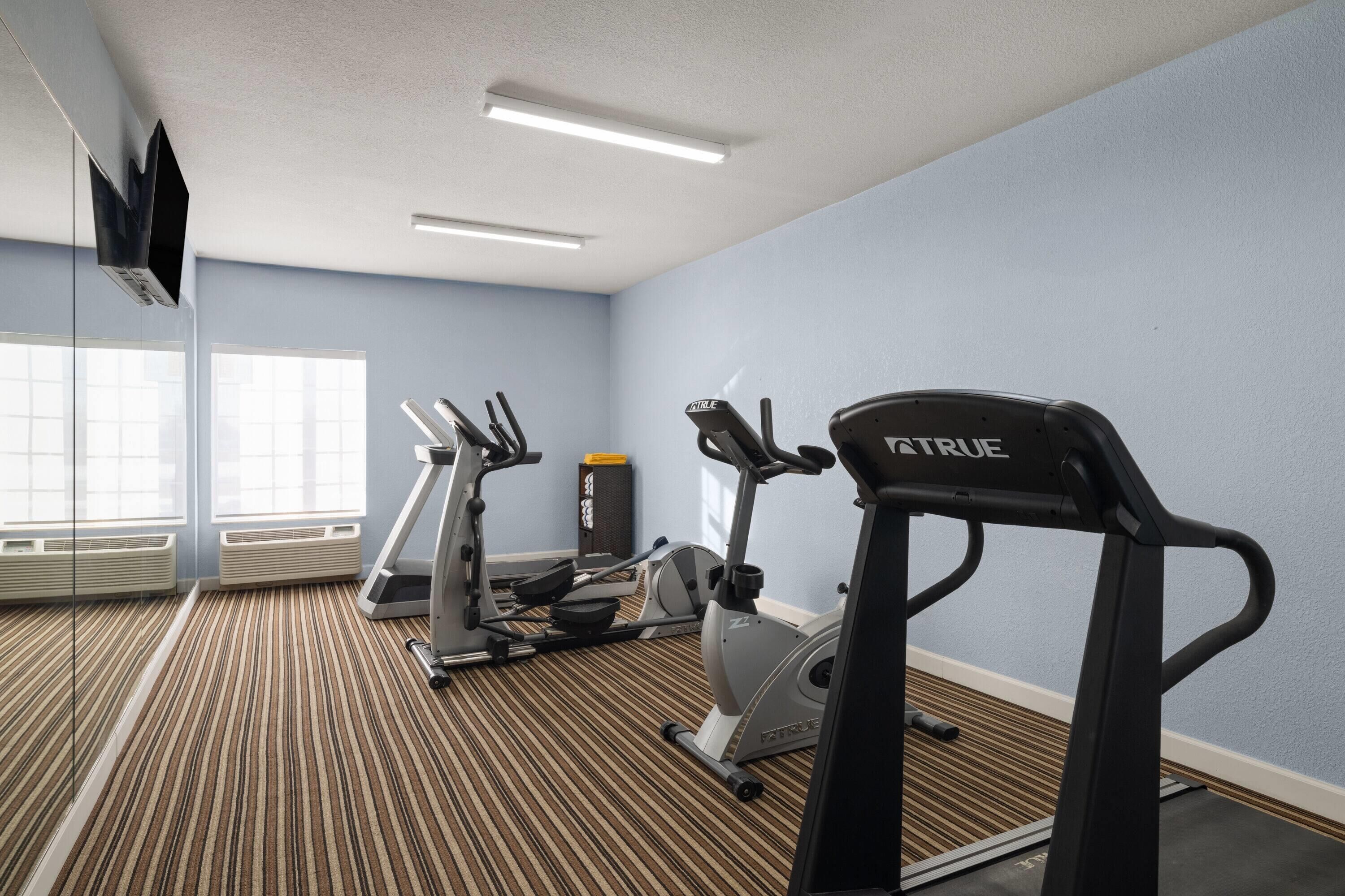 A gym with treadmills, a stationary bike, and a rowing machine.