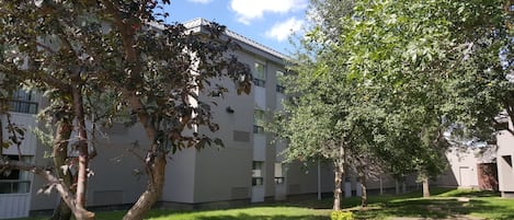 Un bâtiment moderne doté d’un toit plat, de nombreuses fenêtres et d’une pelouse bien entretenue.