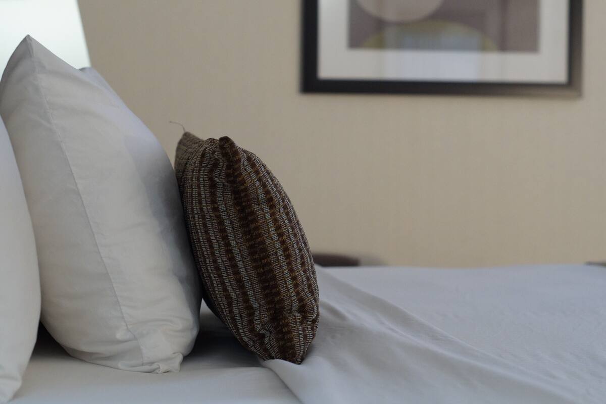 Un lit avec deux oreillers, un blanc et l’autre à motifs, dans une pièce où un tableau encadré est accroché au mur.