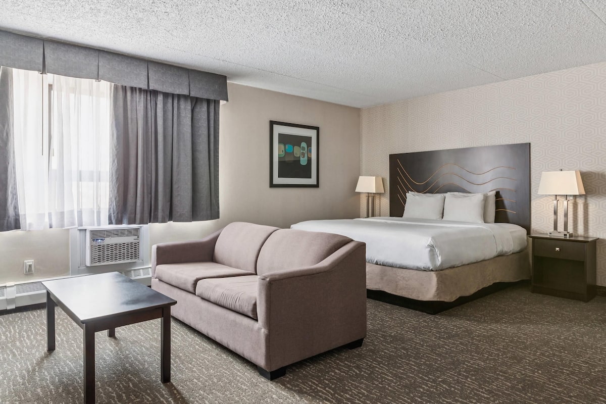Une chambre d’hôtel avec un lit, un canapé, une petite table et un climatiseur fixé au mur.