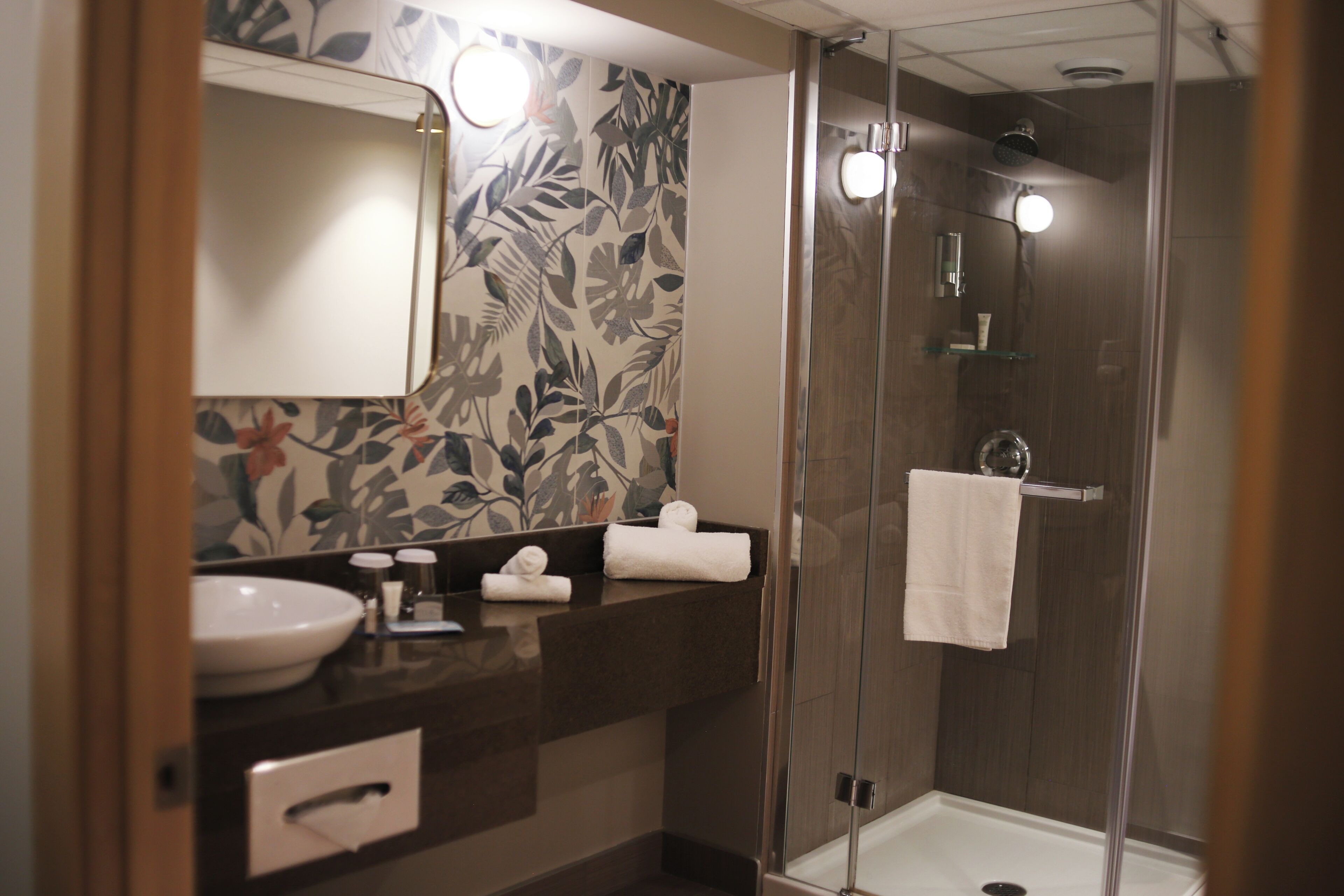 Une salle de bain avec un lavabo, un miroir et une douche.