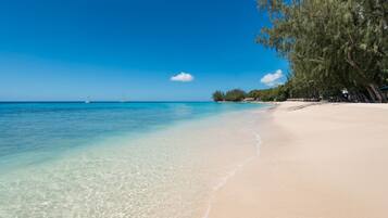 A beach with clear turquoise water, sandy shore, and trees.
