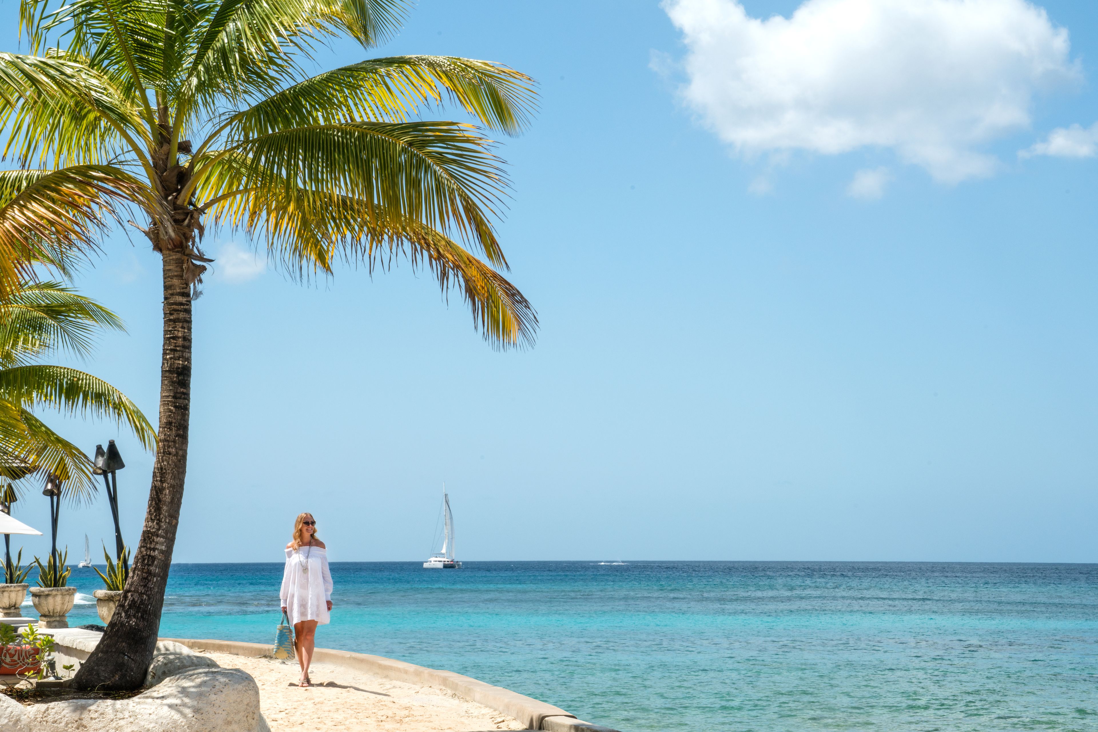 Escena de playa con una palmera, una persona con vestido blanco y un velero a lo lejos.