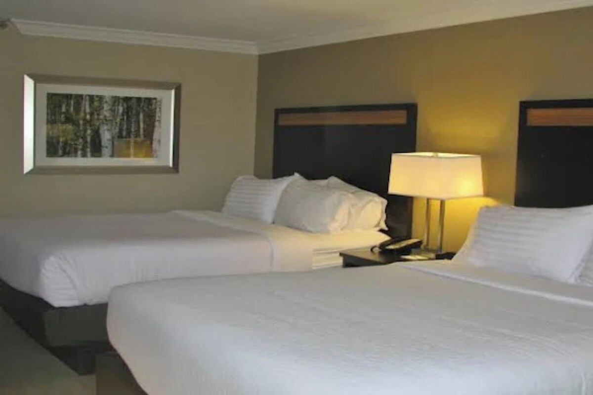 A hotel room with two beds, a nightstand with a lamp, and a framed picture on the wall.