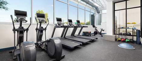 A gym with treadmills, elliptical machines, and a weight rack.