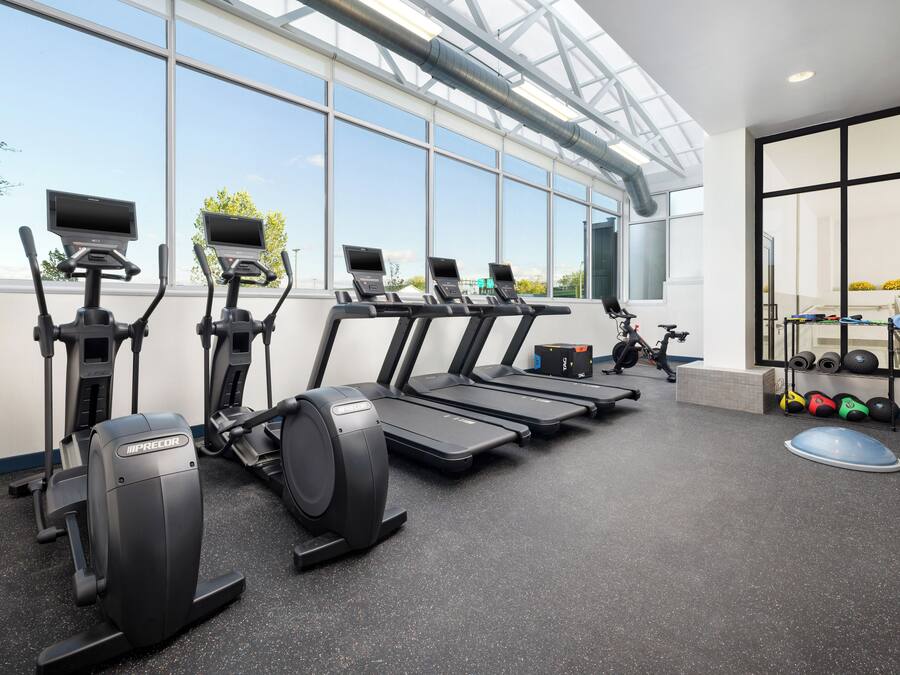 Un gimnasio con cintas de correr, elípticas y una estructura para pesas.