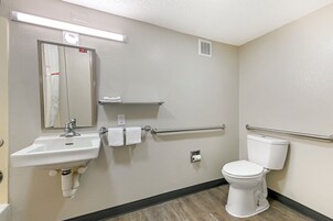 Baño con lavamanos, espejo, toallero, inodoro y barandilla.