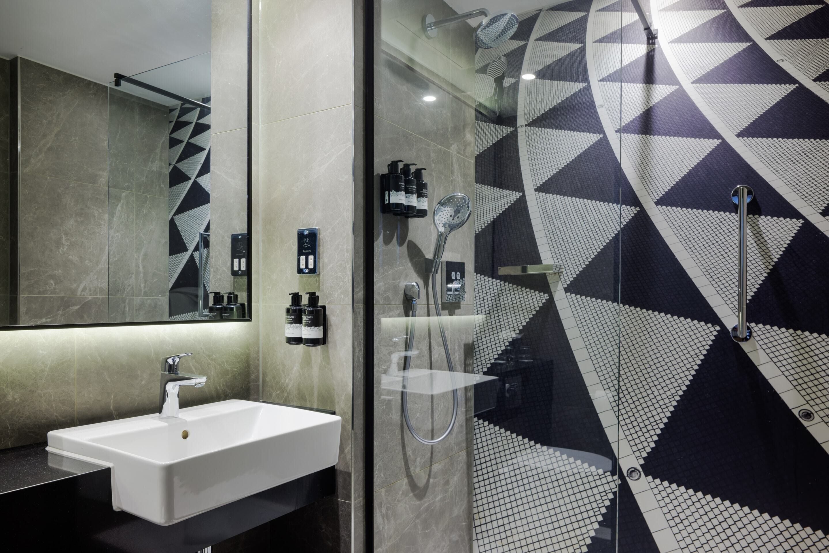 eco-friendly toiletries, hair dryer, towels, soap