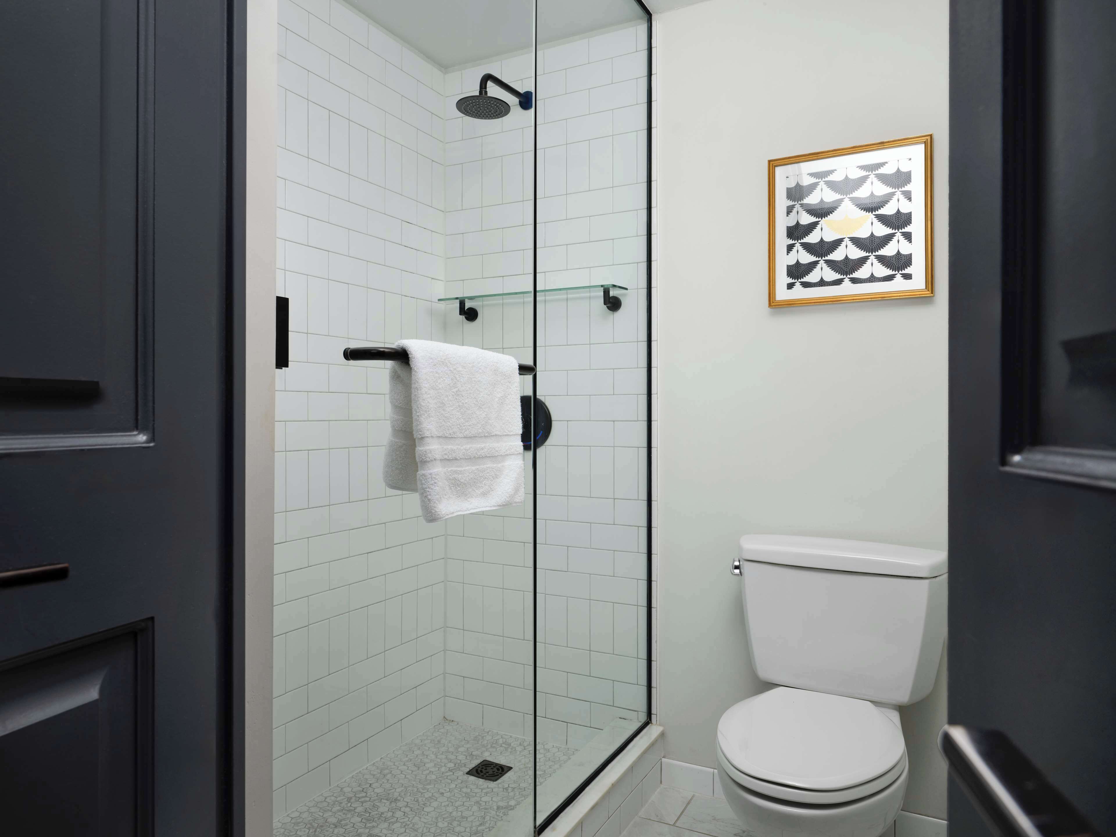 Une salle de bain avec une douche à parois de verre, des toilettes blanches et une œuvre d’art abstraite encadrée accrochée au mur.