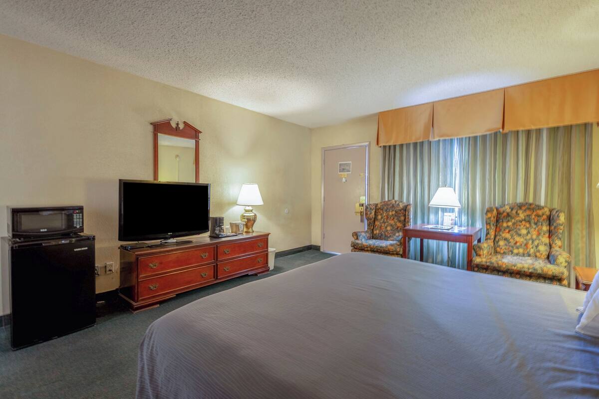A hotel room with a large bed, a television, a dresser, a microwave, a chair, and a door.