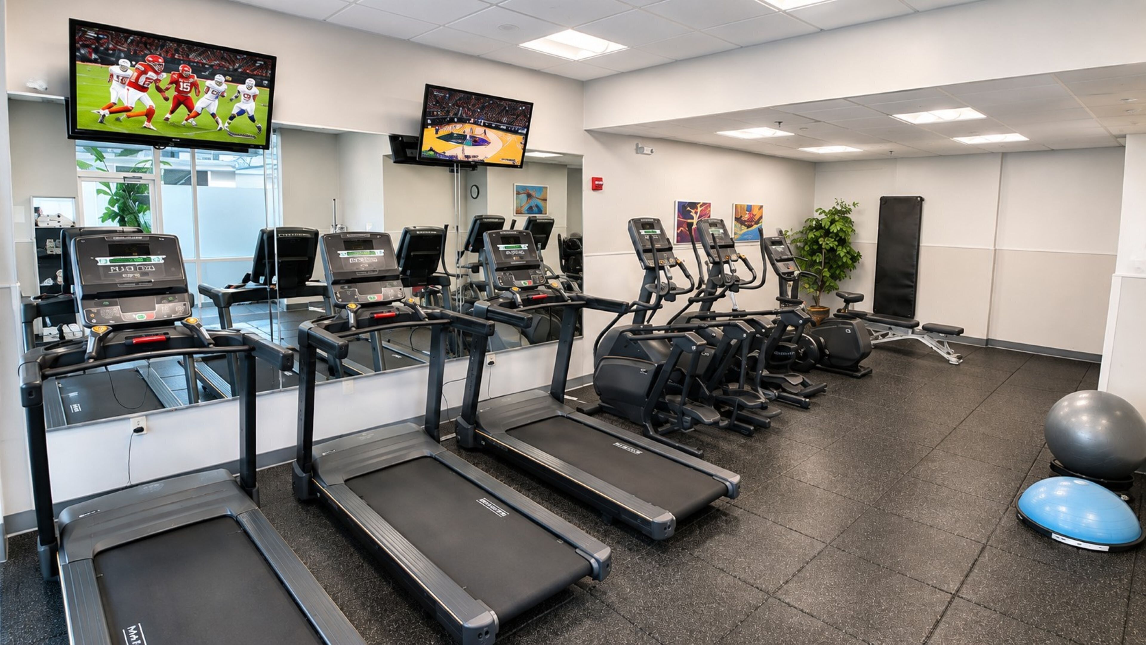 Un gimnasio con cintas de correr, elípticas y pelotas de ejercicio.