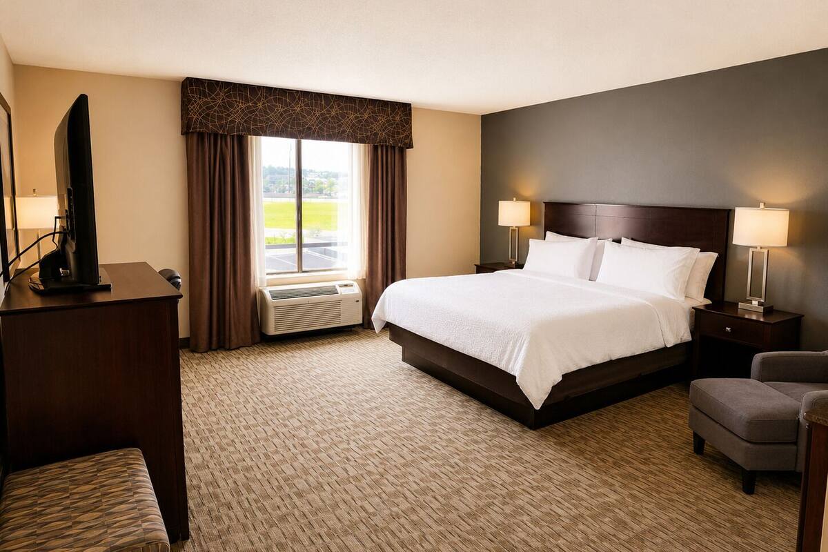 A hotel room with a bed, a desk, a chair, a TV, and a window with curtains.