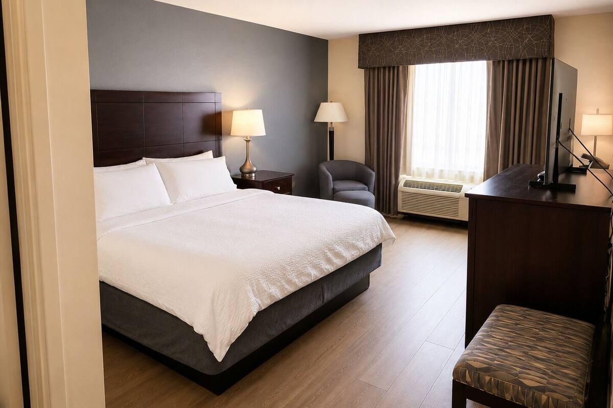 A hotel room with a large bed, a desk, a chair, a TV, and an air conditioning unit.