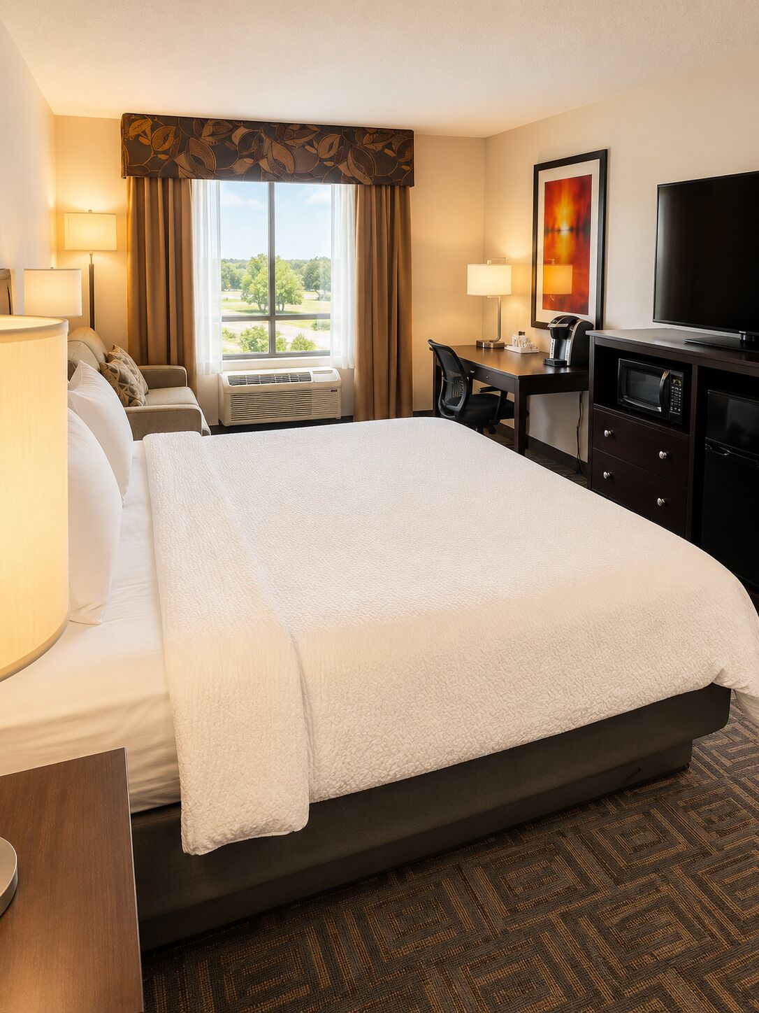 A hotel room with a bed, desk, TV, and a view of the outdoors.