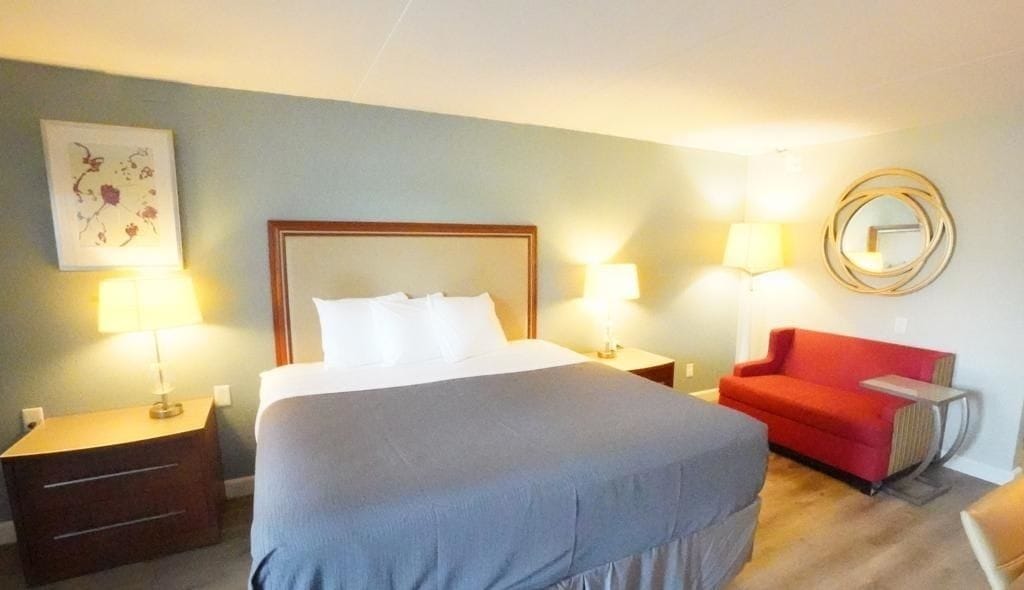 Habitación de hotel con una cama grande, dos mesitas de noche con lámparas, un sofá rojo y un espejo instalado en la pared.