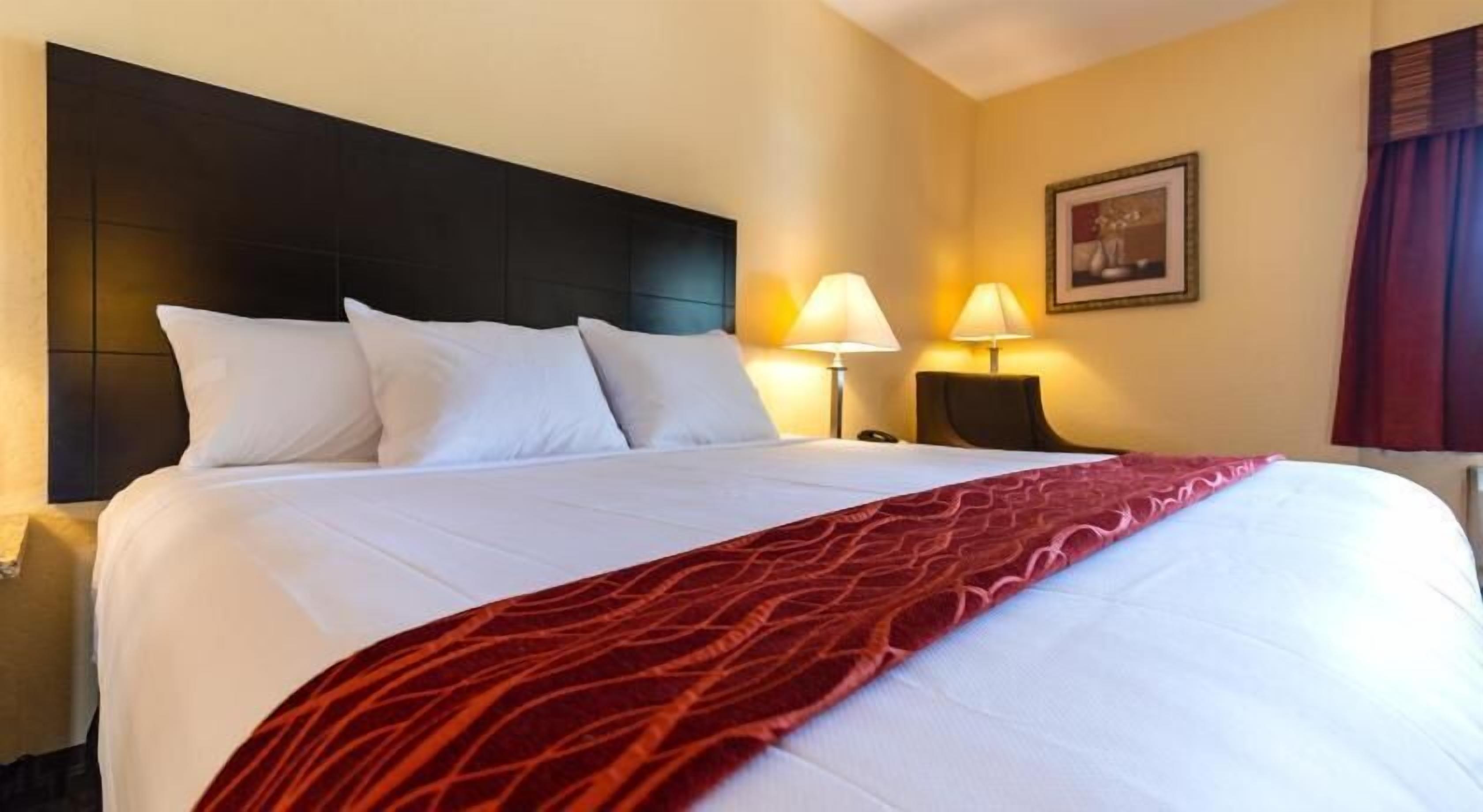 Premium bedding, pillowtop beds, desk, laptop workspace