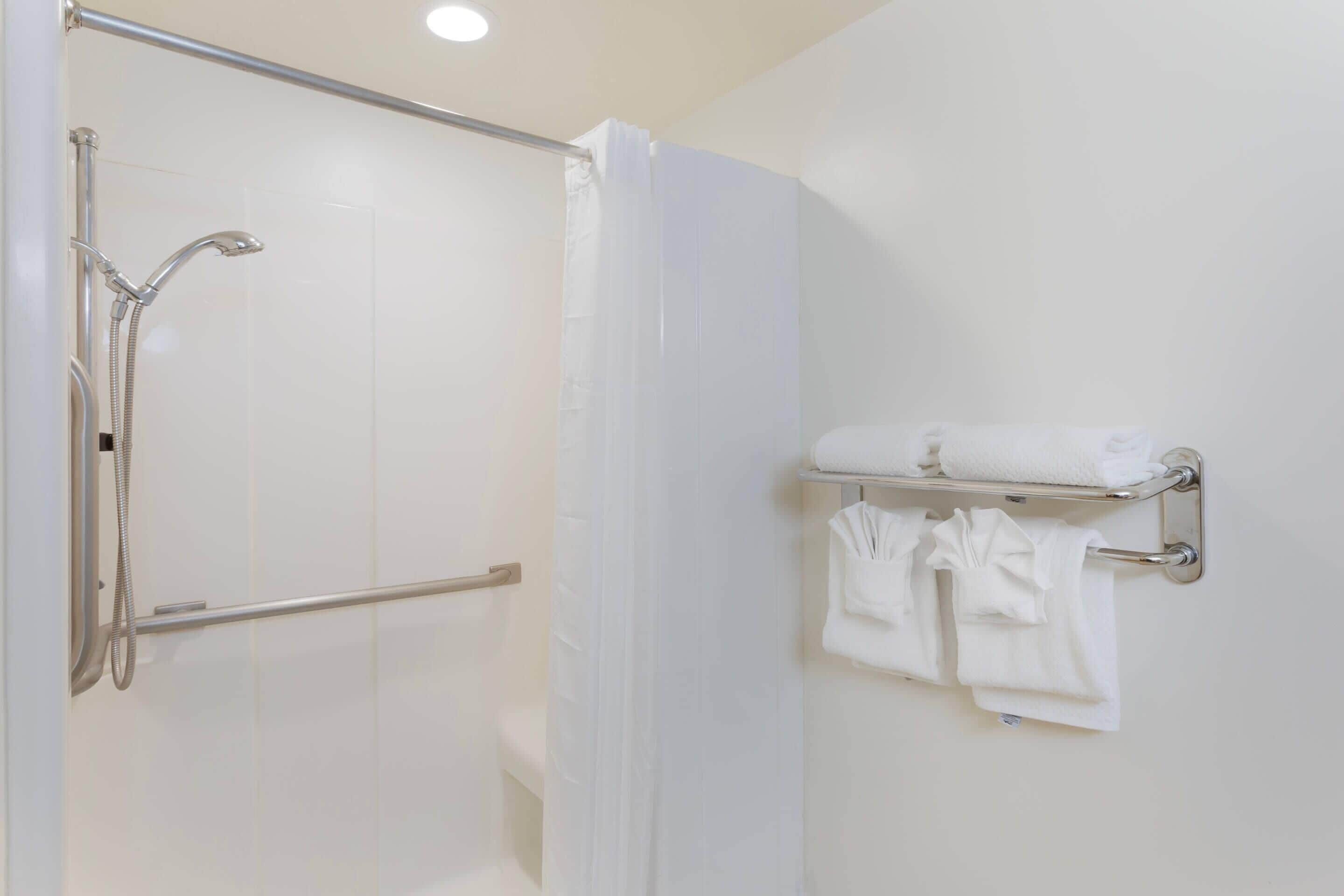 Un baño con ducha, un perchero con toallas y una puerta.
