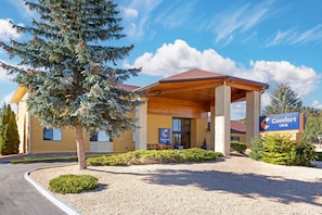 Ein Comfort Inn Hotel mit überdachter Eingangspartei, Kiesweg und umliegender Bepflanzung.