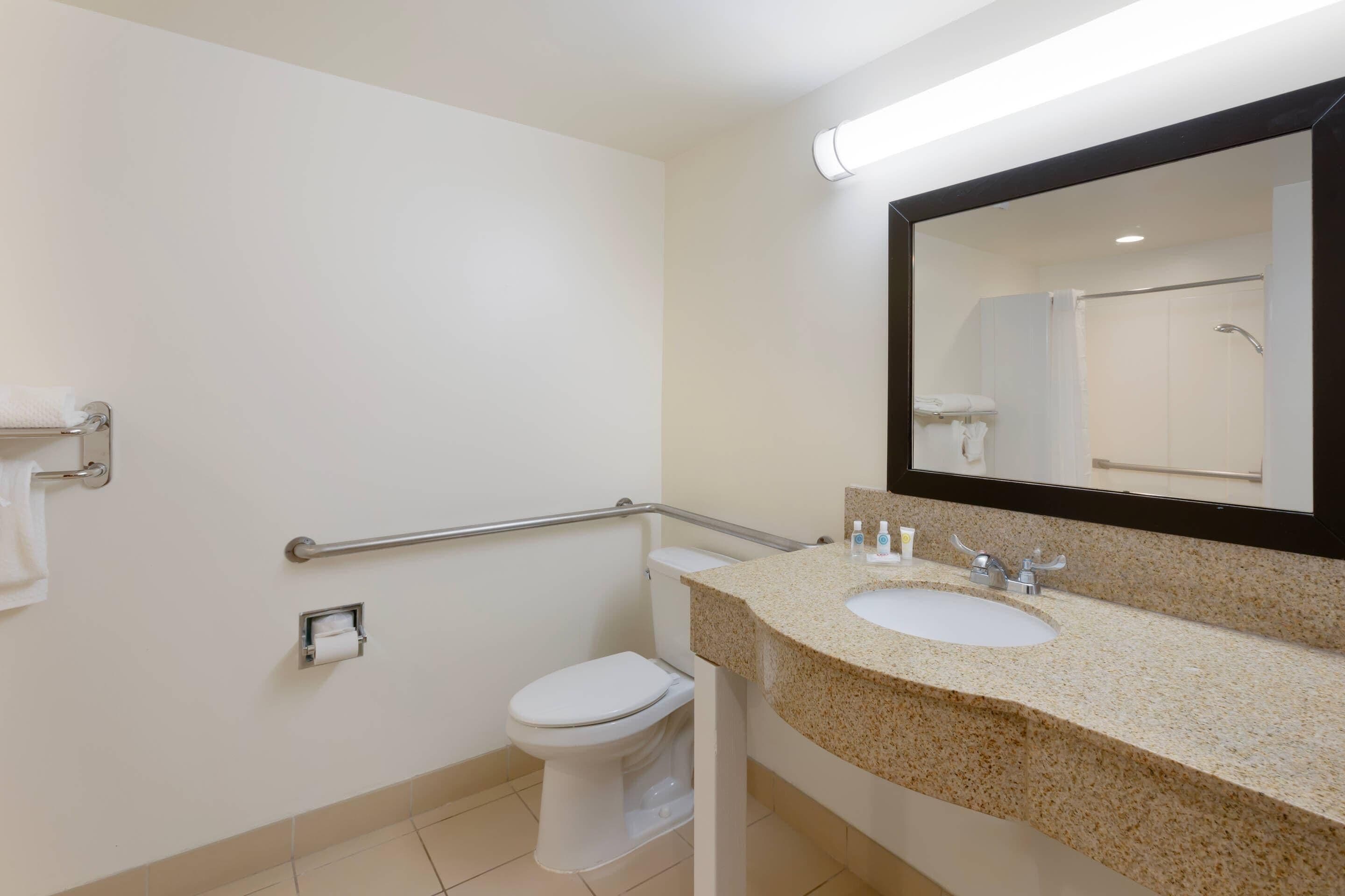 A bathroom with a toilet, a sink, a mirror, and a handrail.