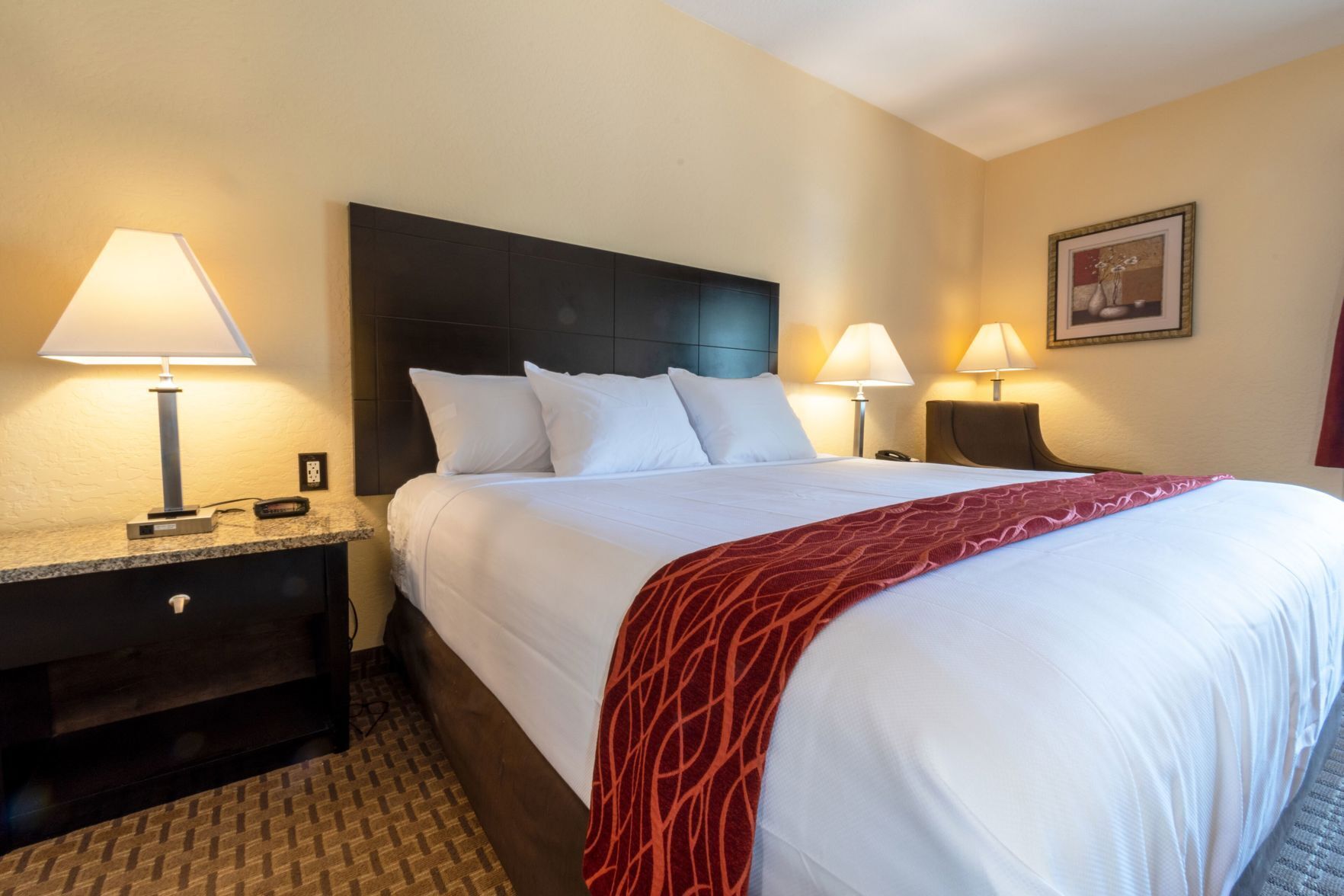 Premium bedding, pillowtop beds, desk, laptop workspace