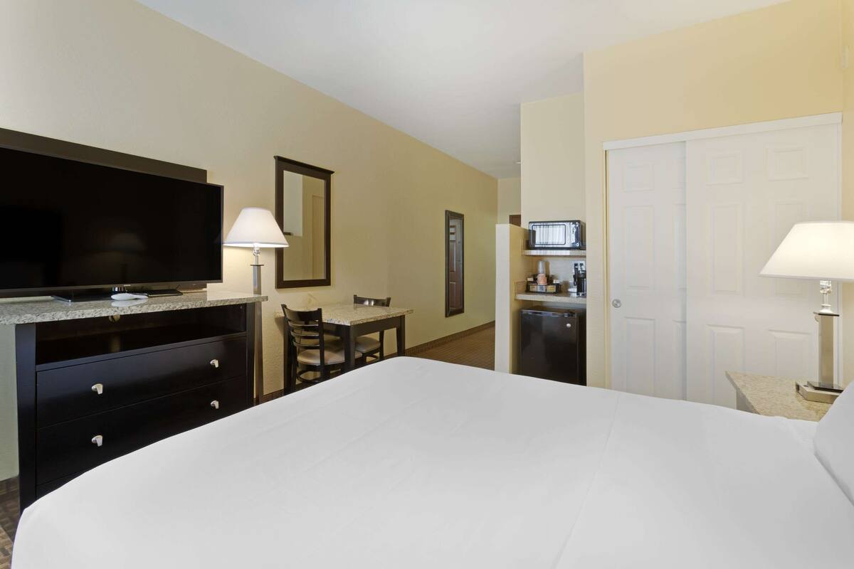 A hotel room with a bed, a desk, a television, a microwave, and a door.