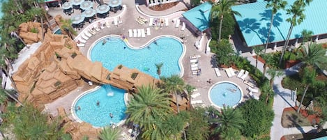 Outdoor pool, a heated pool, sun loungers