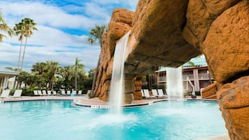 Outdoor pool, a heated pool, sun loungers