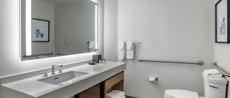 A modern bathroom with a double sink, a mirror, a toilet, and a handrail.