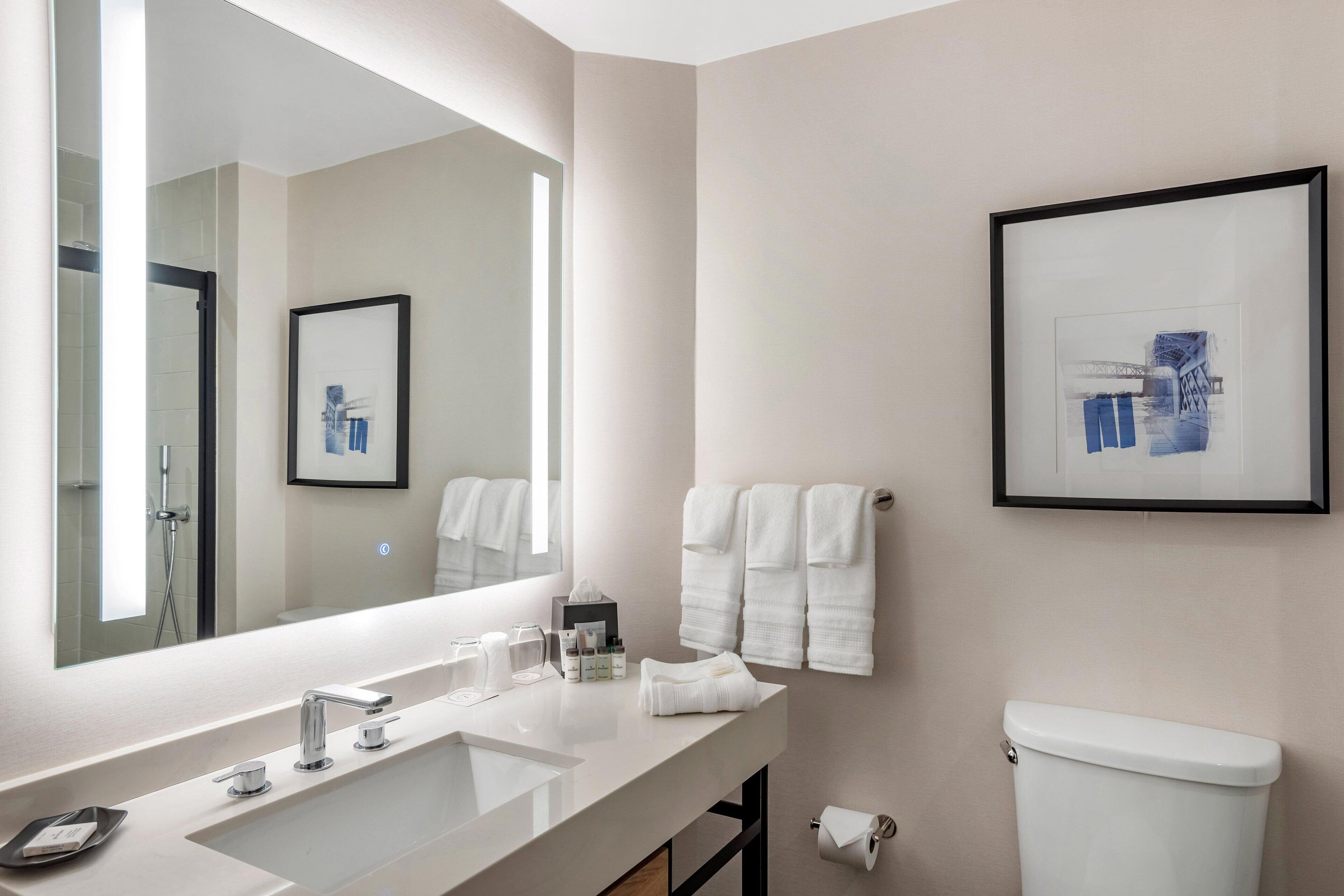 Een moderne badkamer met een grote spiegel, een wit wastafelmeubel en een ingelijste foto aan de muur.