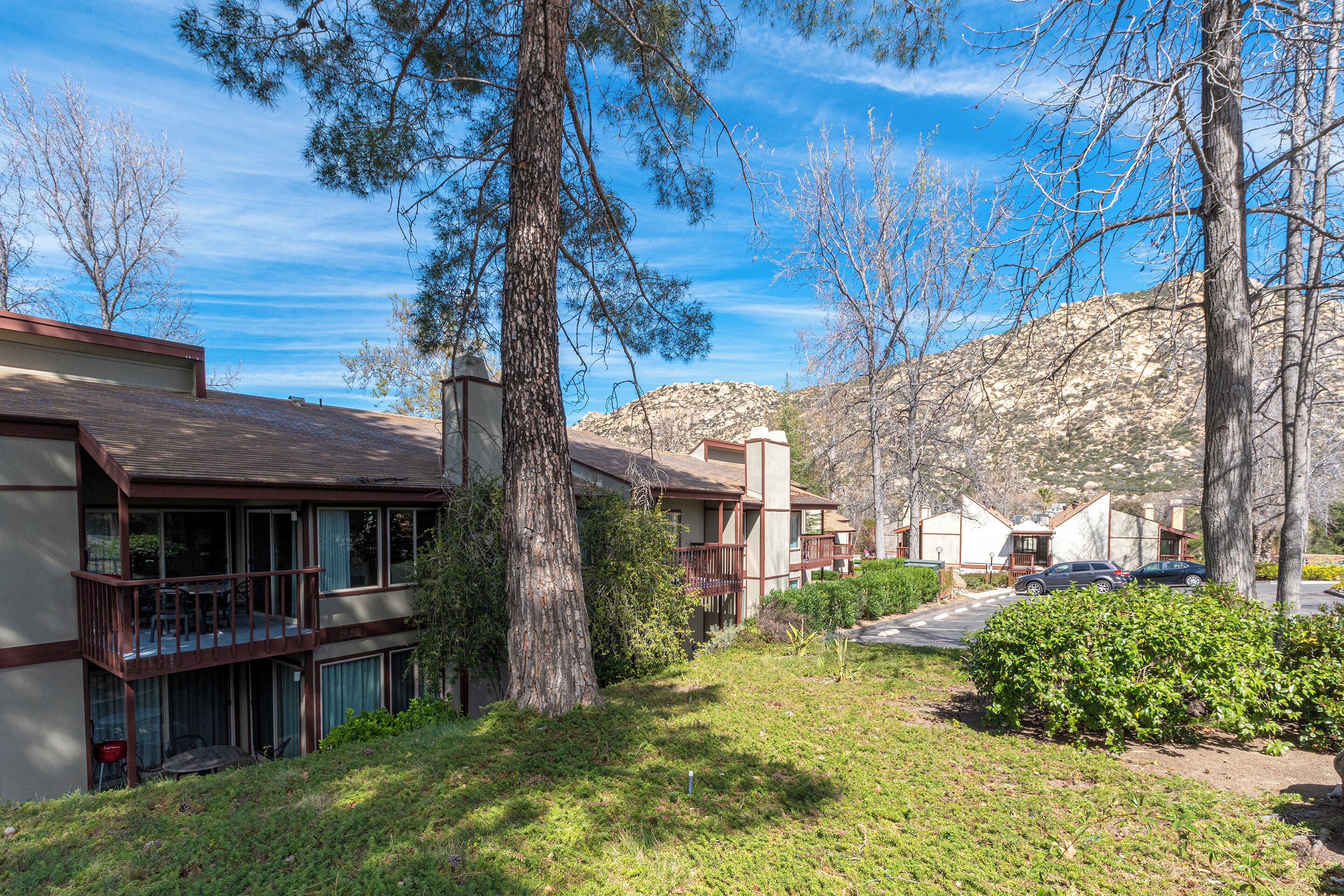 A residential area with houses, a large tree, and a mountain in the background.