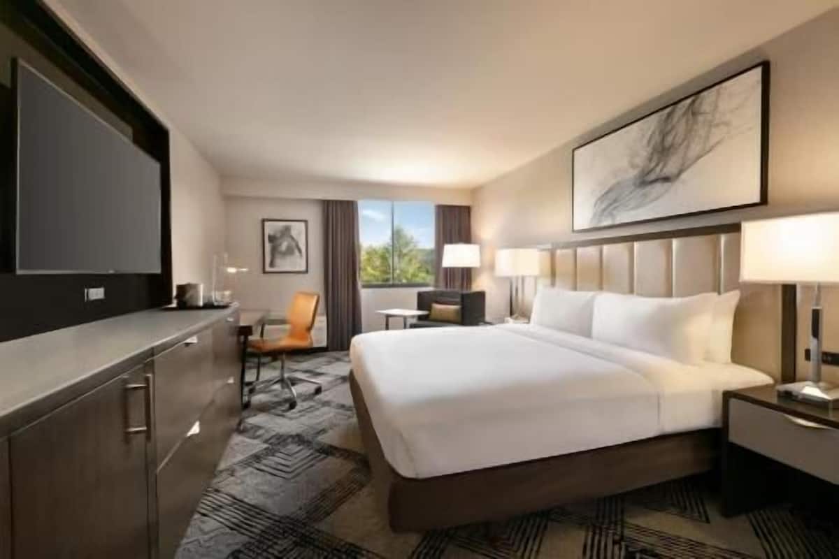 Une chambre d’hôtel avec un grand lit, un bureau, une chaise, une télévision et une fenêtre donnant sur un beau paysage.
