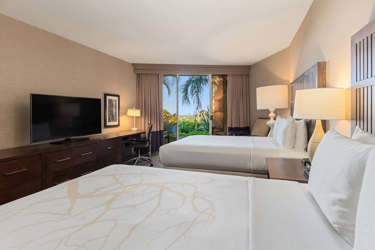 A hotel room with a TV, two beds, a desk, and a view of palm trees.