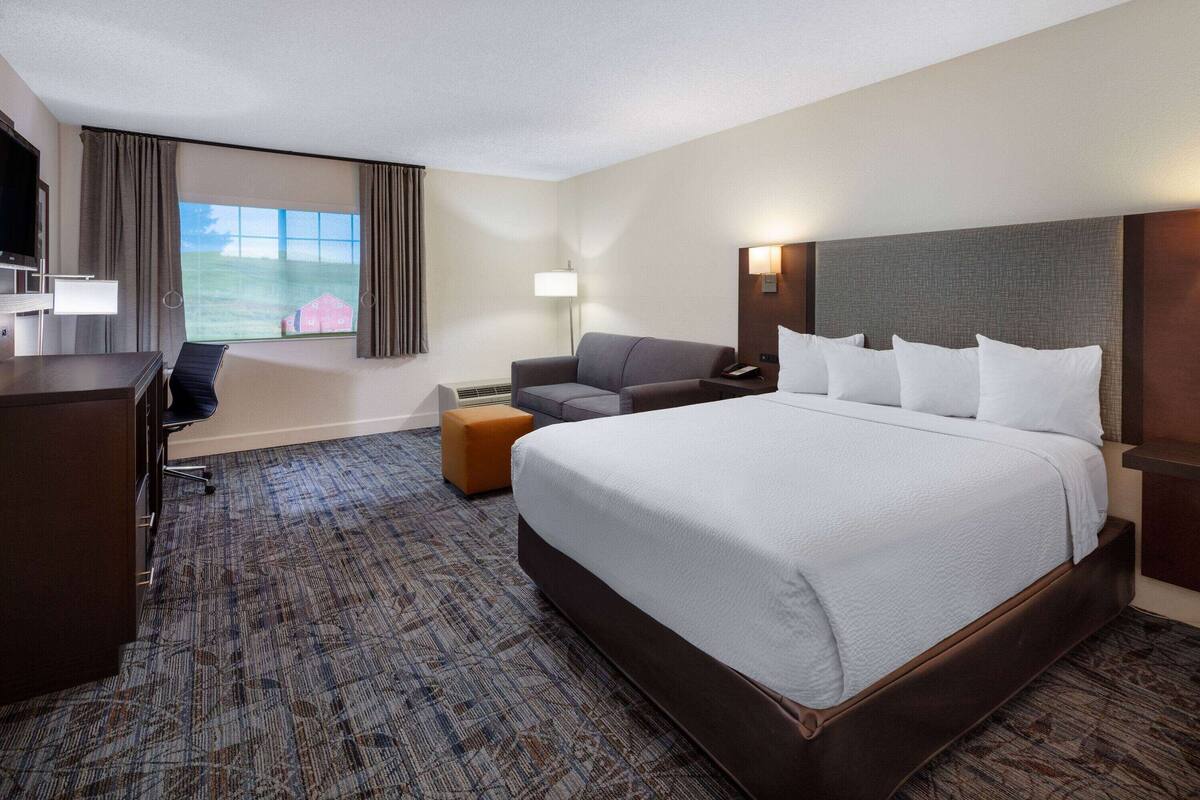A hotel room with a large bed, a desk, a sofa, and a TV.
