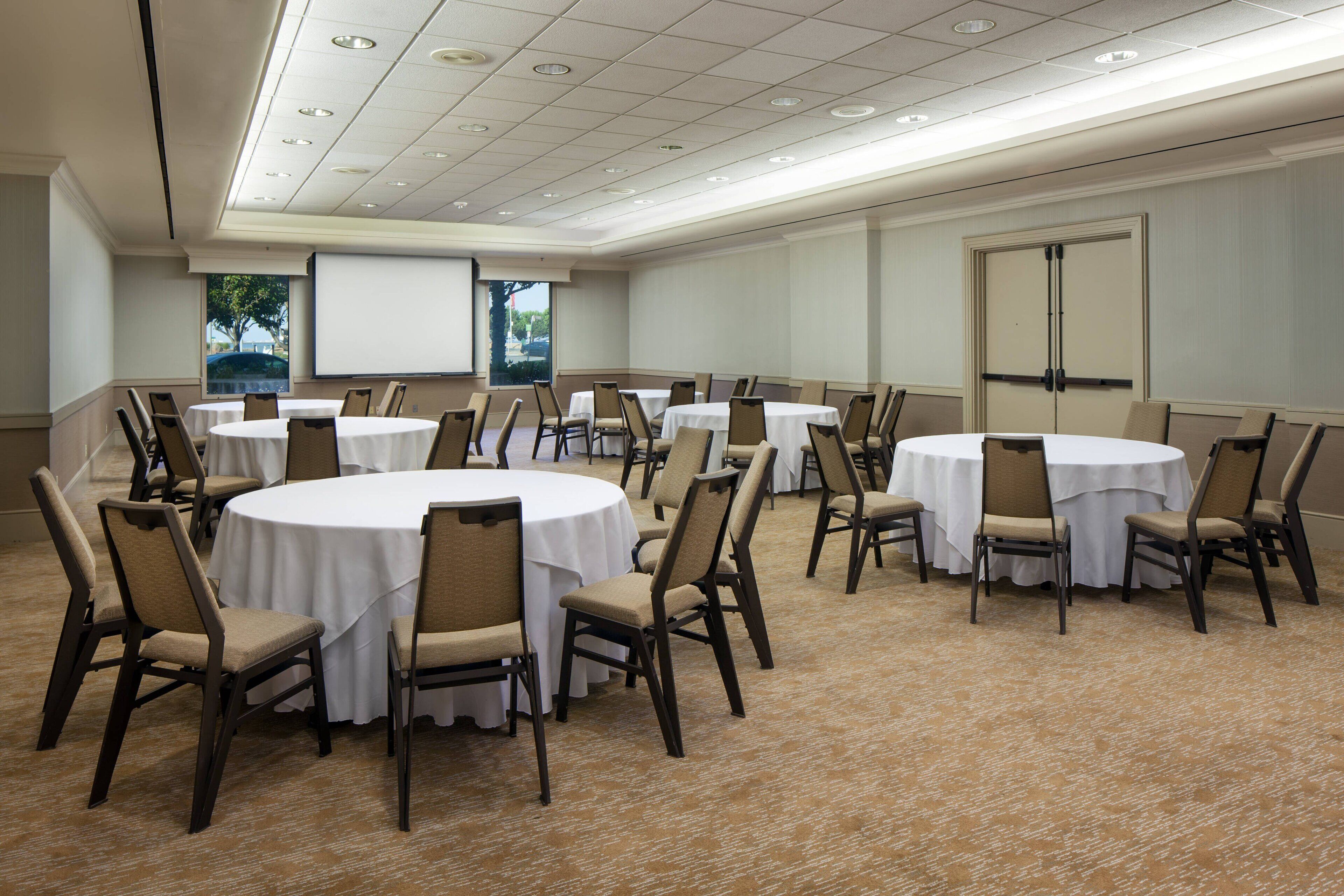 Un salón de conferencias con varias mesas redondas y sillas, una pantalla de proyector y un amplio ventanal con vista a árboles.